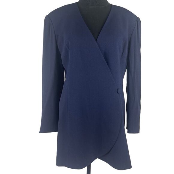 Lida Baday long navy blue wrap around blazer jacket 1 button sz 8 - Picture 1 of 13